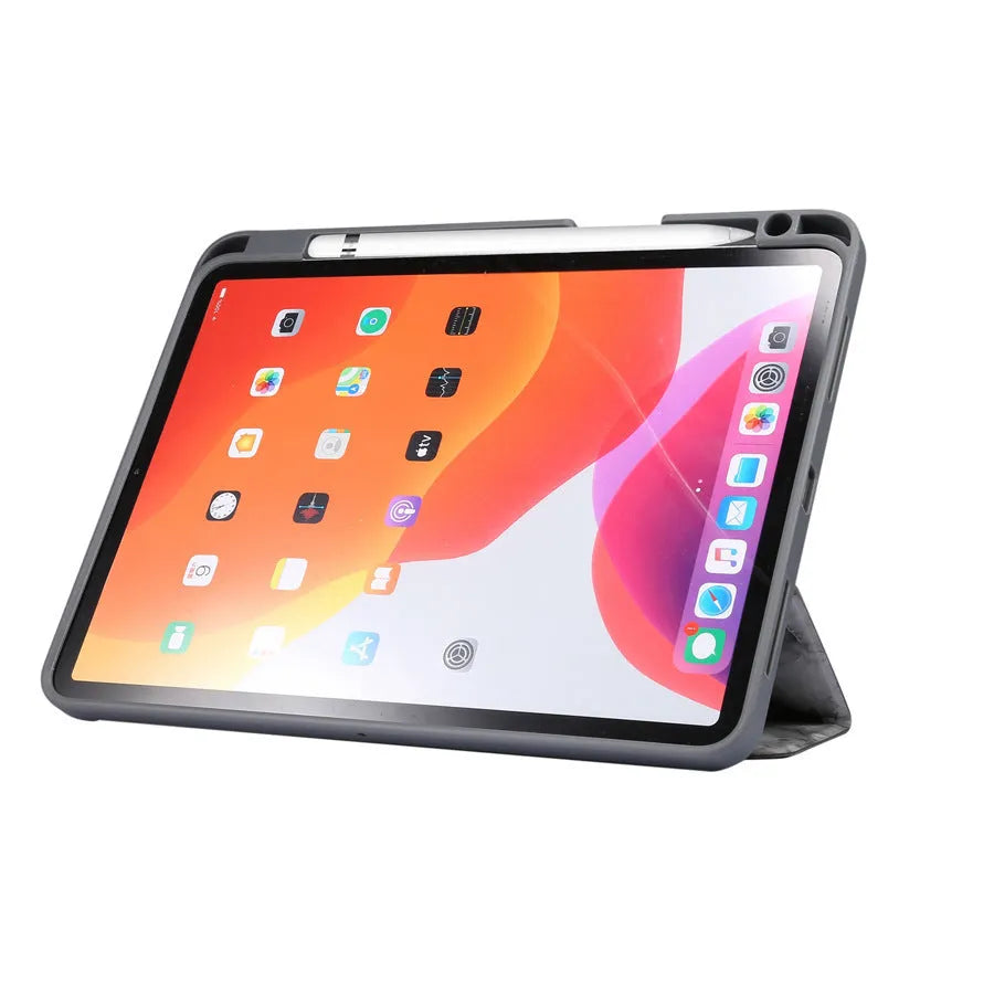Tri-fold imitation leather iPad case in dark grey, shown open with a stylus in the integrated pen slot.