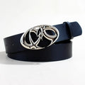 Men's casual silver buckle belt with PU leather strap shown fastened