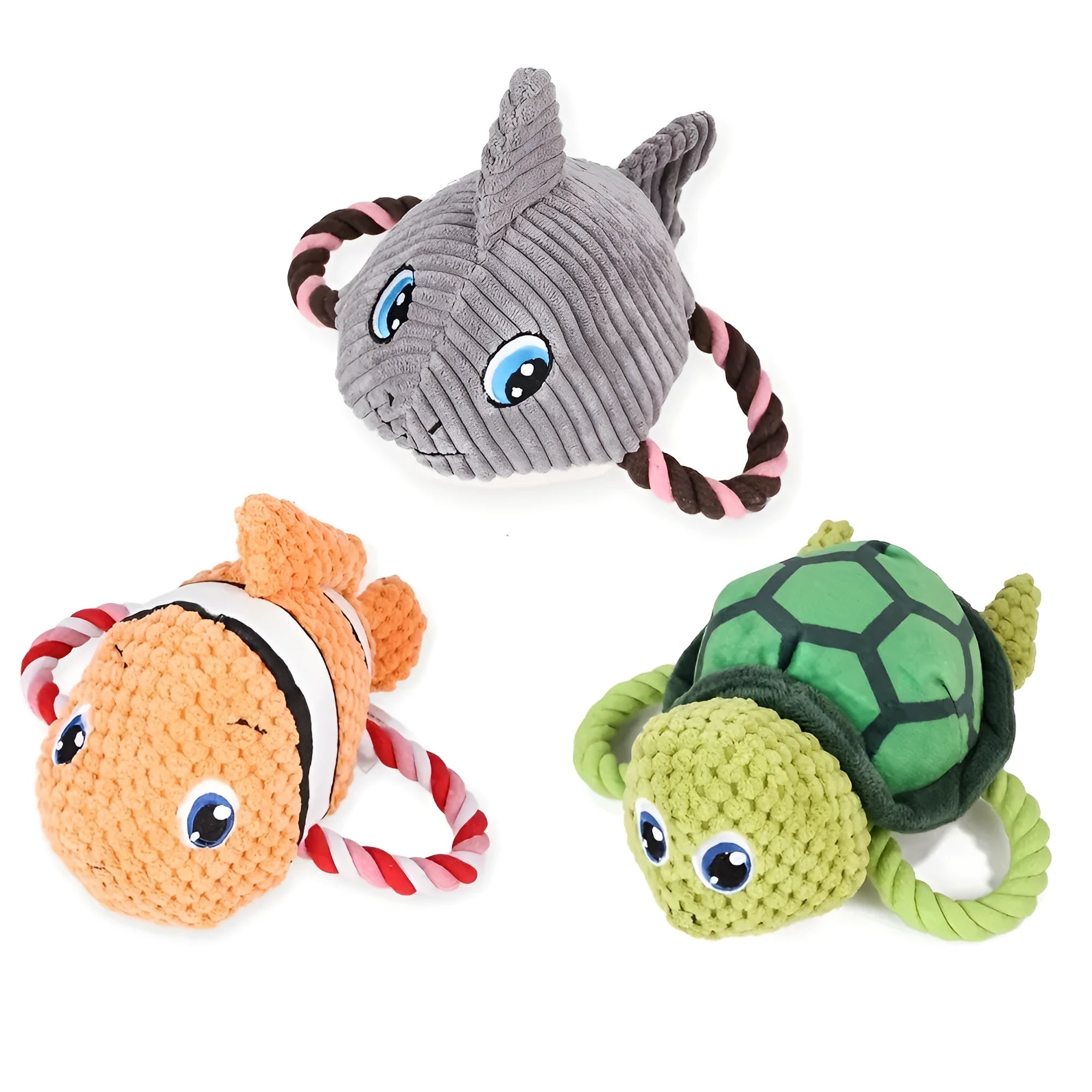 Turtle-shaped plush dog chew toy with rope core in grey, green and orange colour options