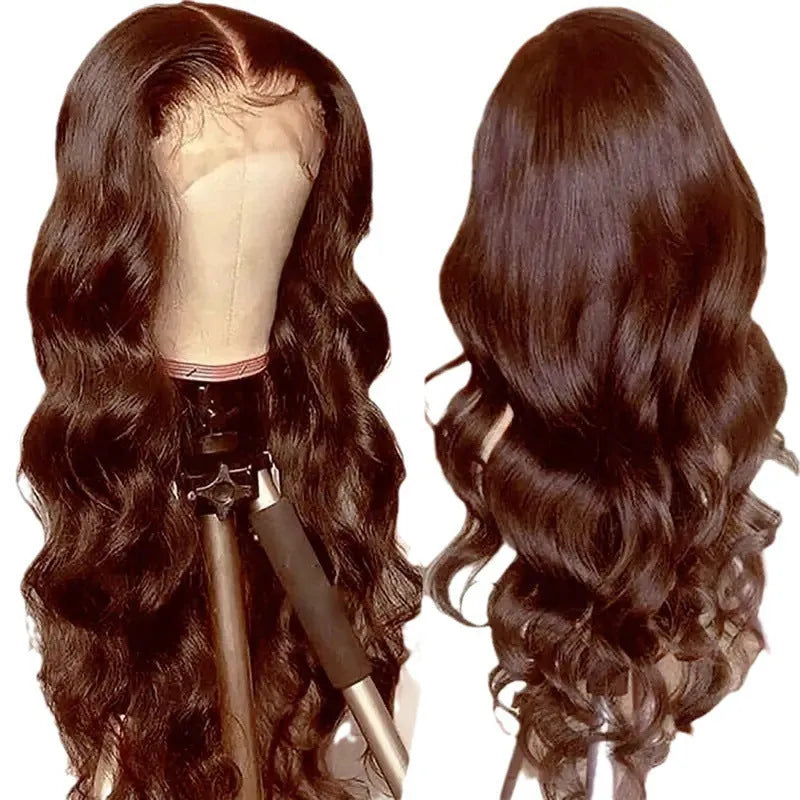 Dark brown long curly women's wig with side bangs and front lace cap