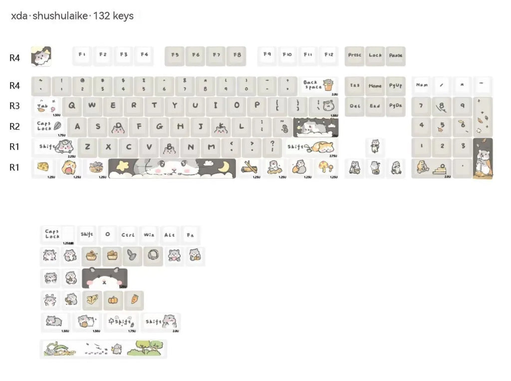 Custard colour mechanical keyboard keycaps with mouse artwork for 68-100% keyboard layouts