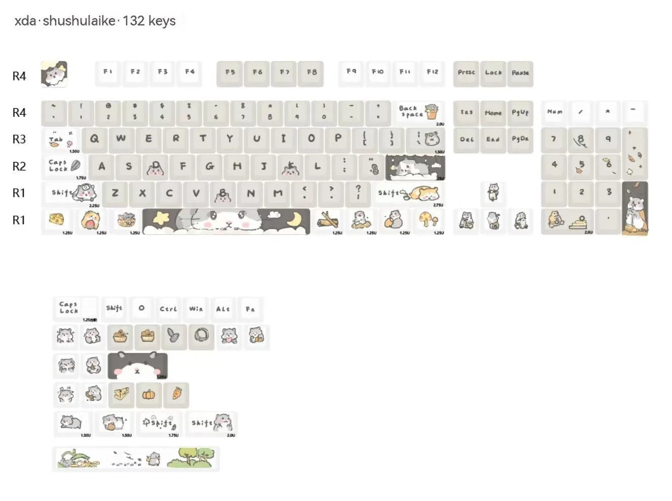 Custard colour mechanical keyboard keycaps with mouse artwork for 68-100% keyboard layouts