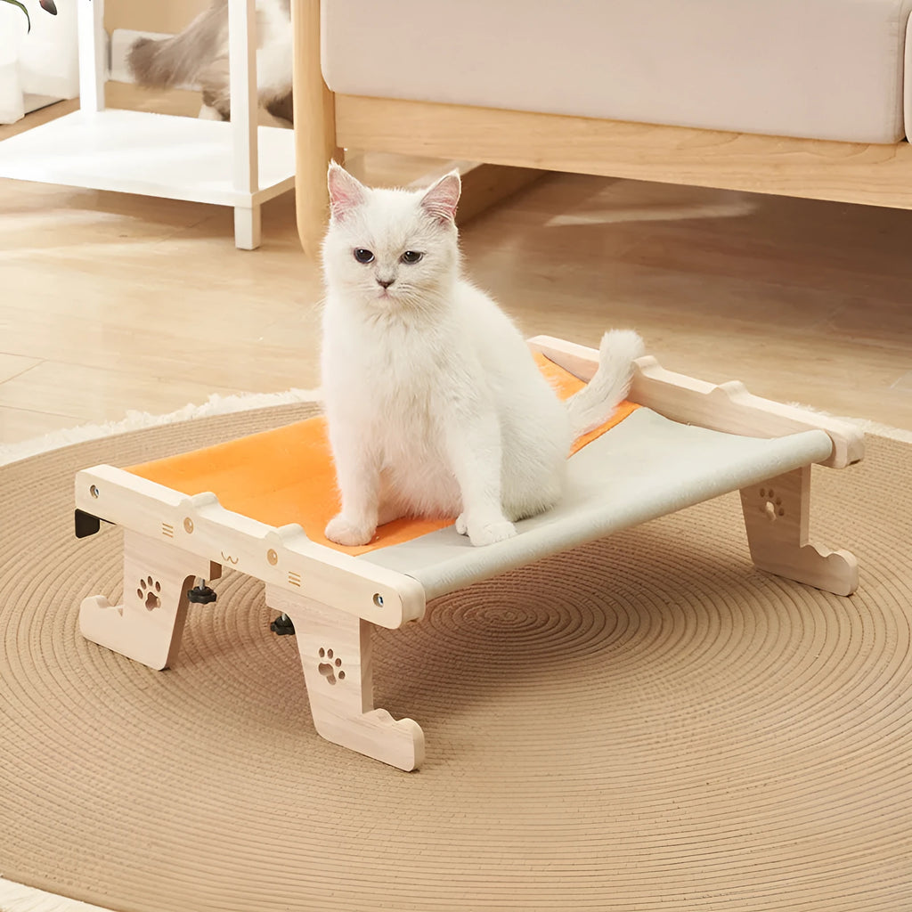 Wooden cat hanging bed hammock mounted on balcony with seven style options available