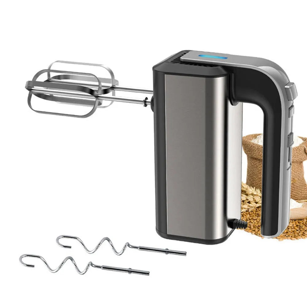 Silver handheld electric kitchen whisk with stainless steel beaters and five-speed control
