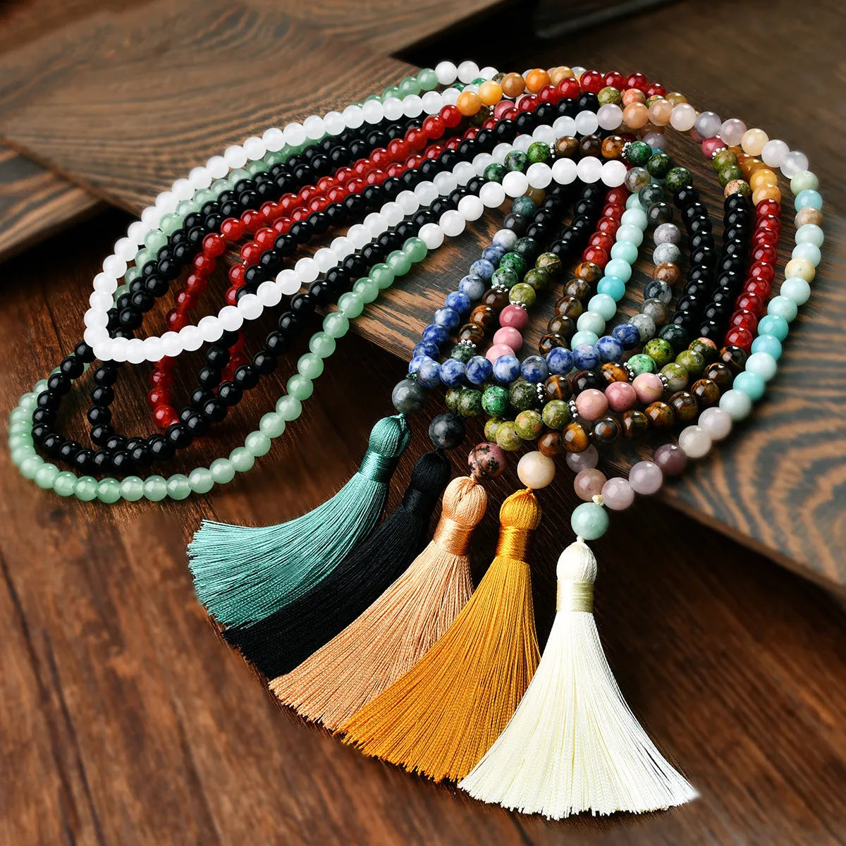 Handmade natural stone bead necklace with tassel pendant in bohemian style