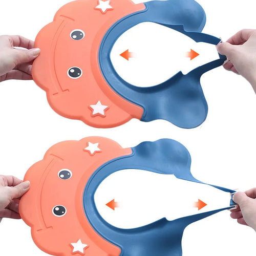 Adjustable plastic baby shower cap protector in blue colour for hair washing