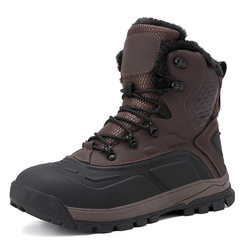 Men's black fleece-lined high-top boots with flat heel and lace-up front.