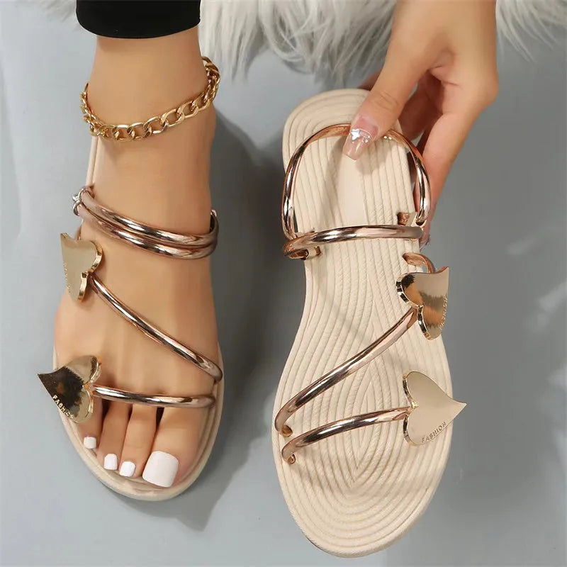 Heart shape slippers summer flat love beach shoes women available in gold and silver