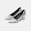 Women's black pointed toe Mary Jane shoes with shaped floating heel and microfiber leather upper on display