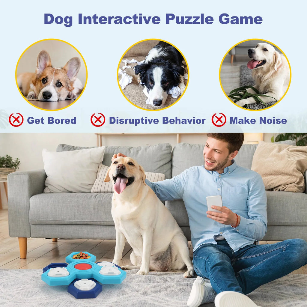 Blue 4-layer plastic puzzle slow feeder dog bowl on floor, assembled with non-slip base
