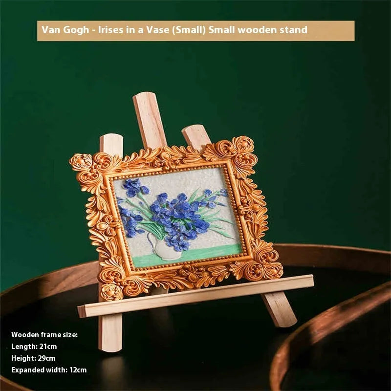 DIY oil painting kit showing Van Gogh's Starry Night reproduction on canvas with acrylic paints and wooden frame