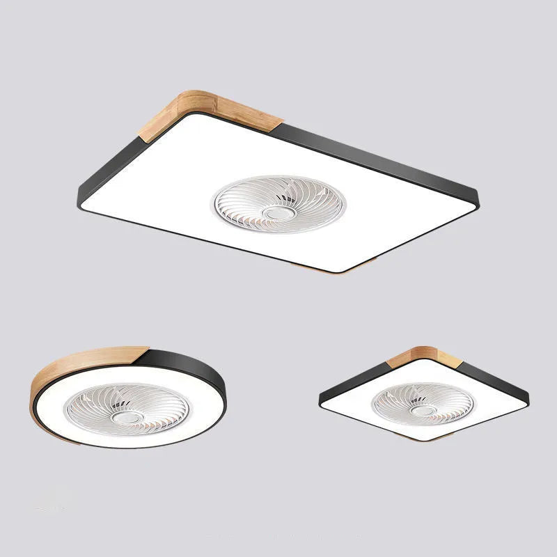 Nordic ceiling fan with integrated light fixture showing solid wood construction and PVC lampshade