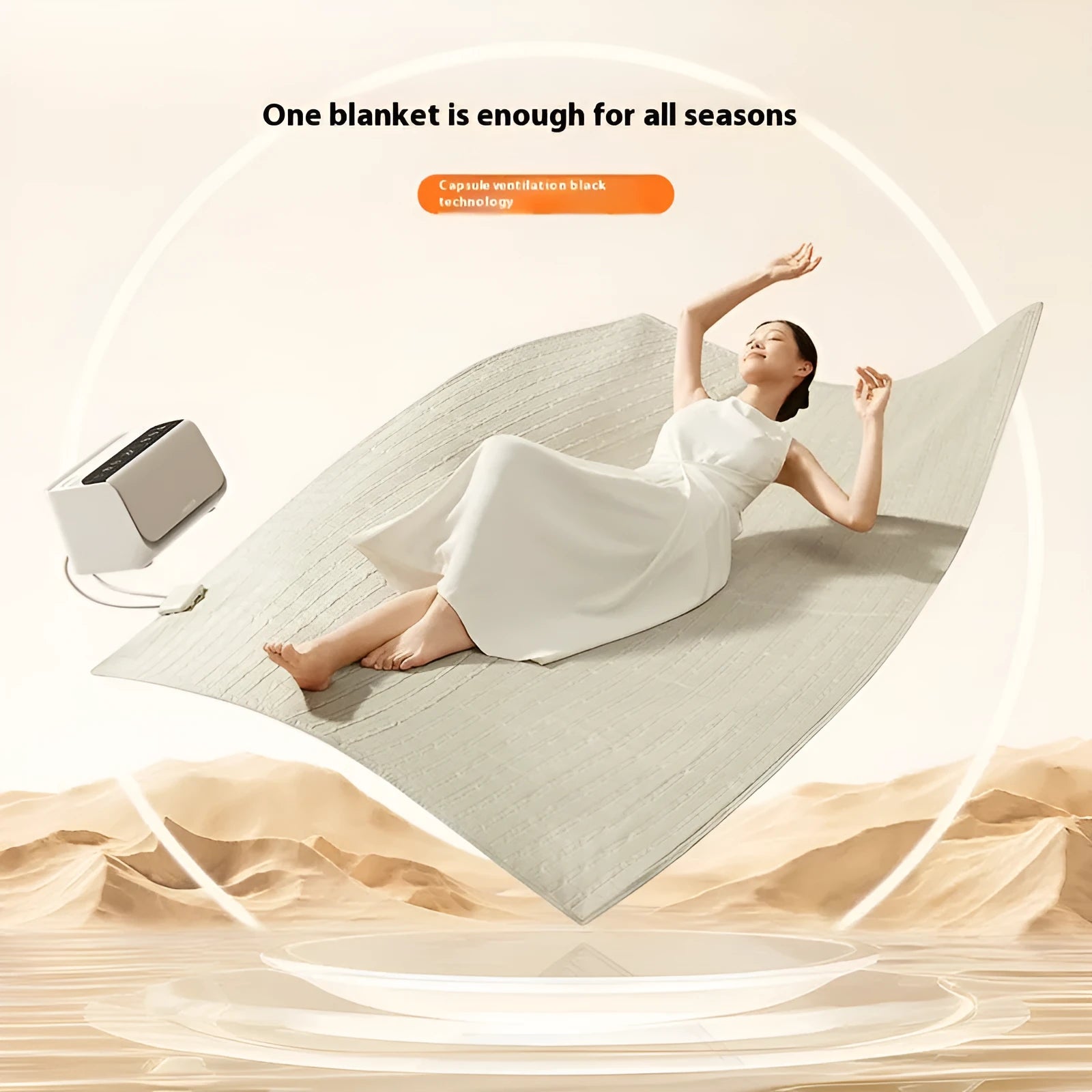 Aideng white electric underblanket heating pad with smart control host unit, shown in 1.4×2 metre size on a mattress.