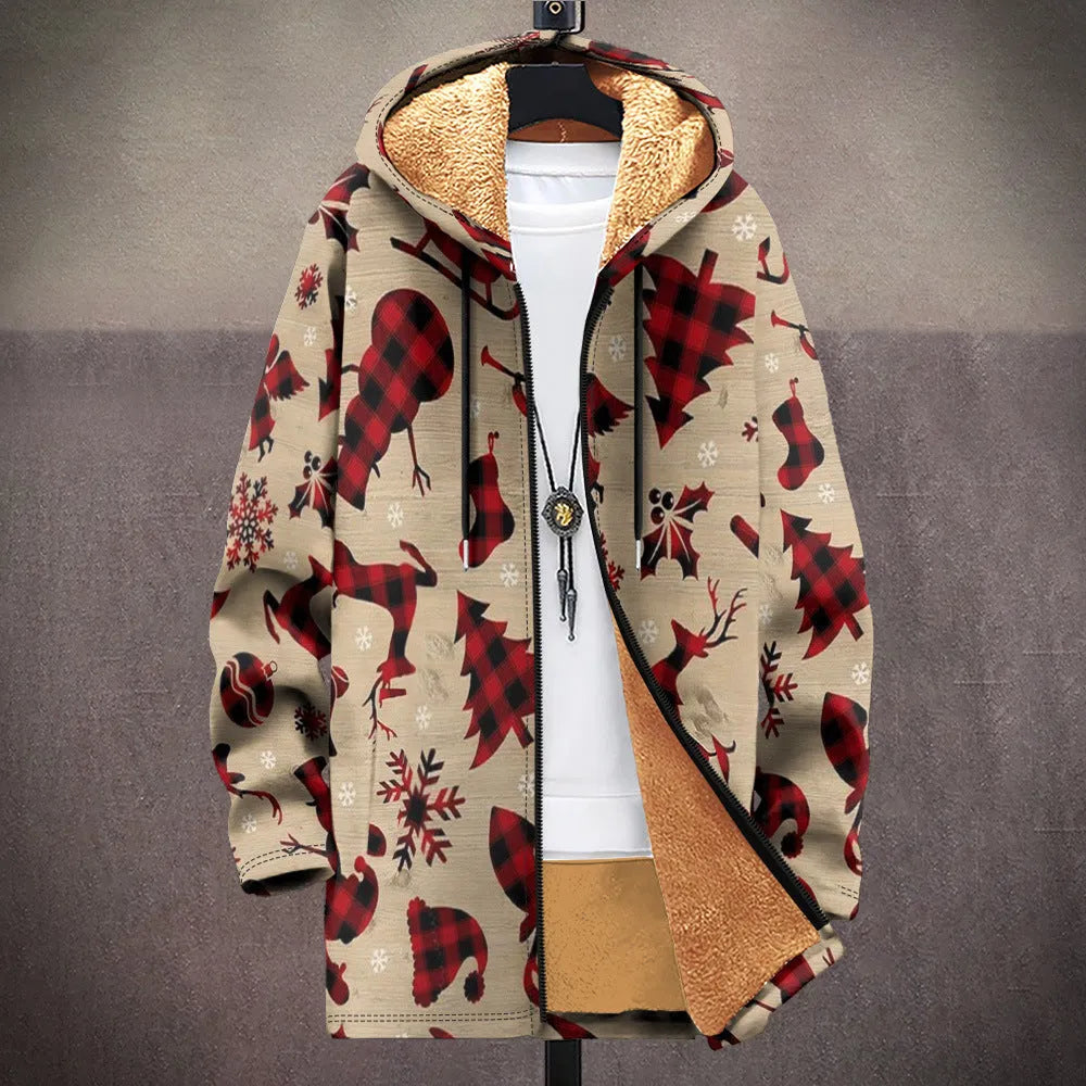 Man wearing a multicolour printed hooded cardigan with a zip front closure.