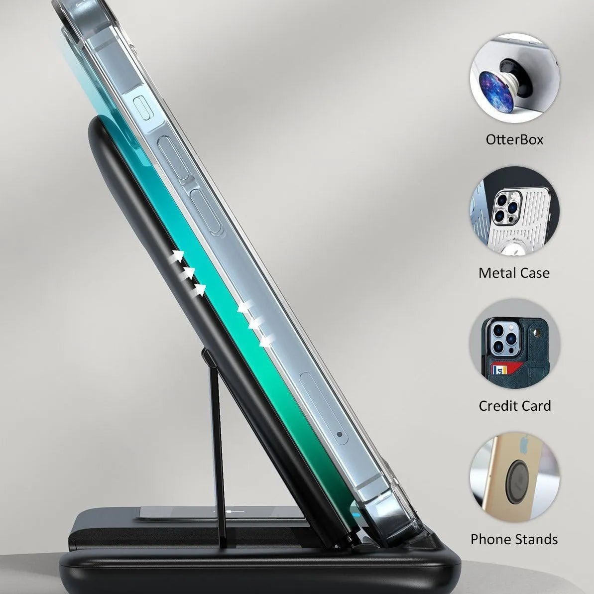 Three-in-one foldable wireless charger in black with twin coil and 15W fast charge for phone watch earbuds