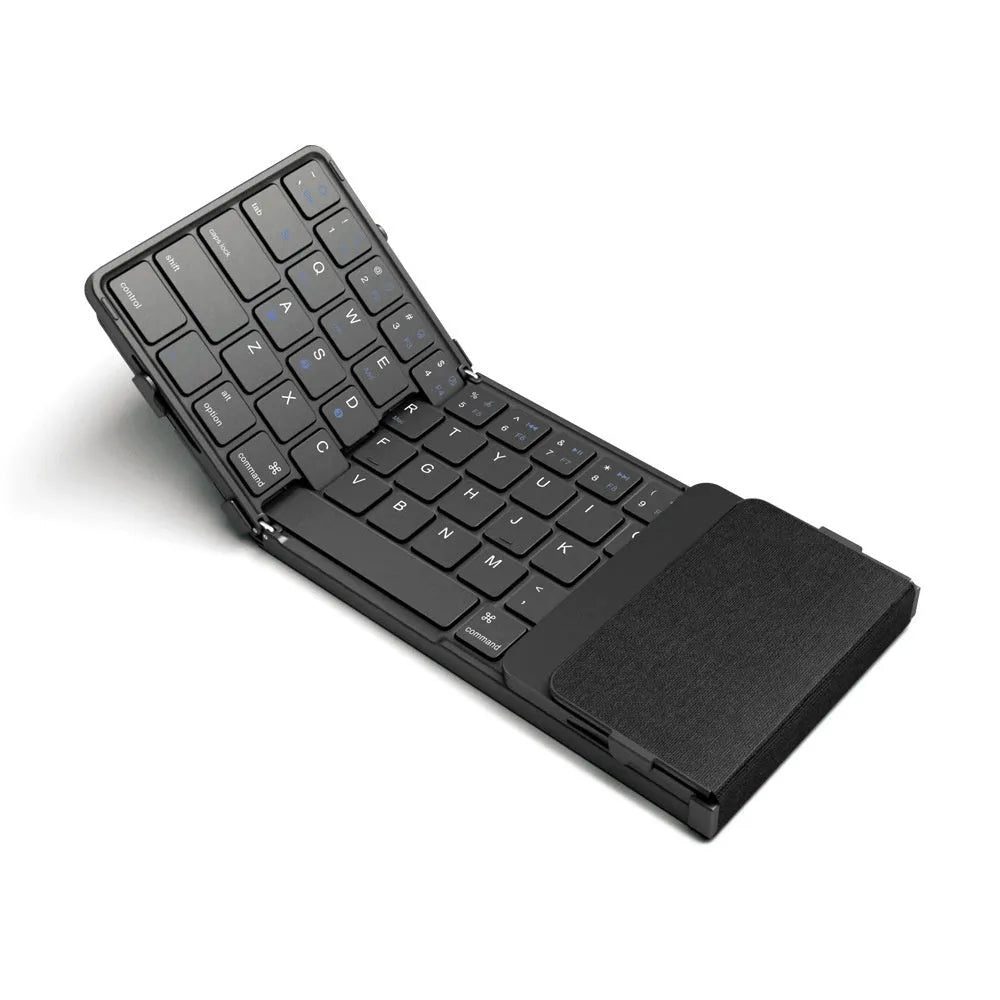 Black folding Bluetooth keyboard unfolded showing full keyboard layout with optional touchpad accessory