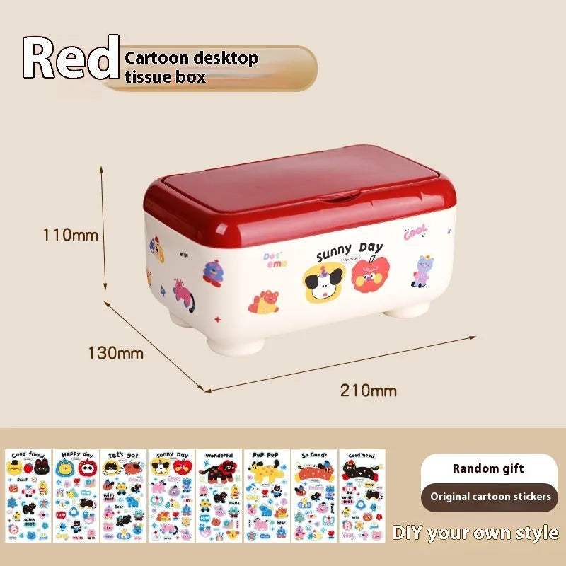 Red and brown cartoon sticker designs on a plastic desktop storage box with grid organiser compartments.