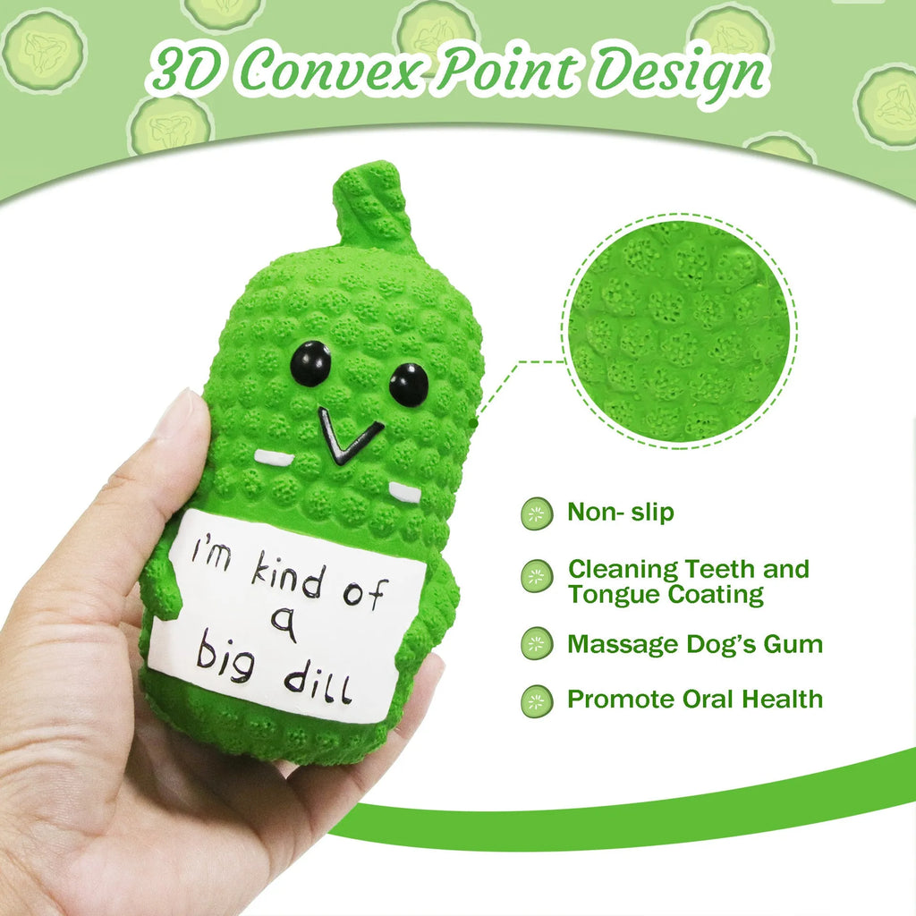 Green pickle-shaped squeaky dog chew toy with textured nubs for dental cleaning
