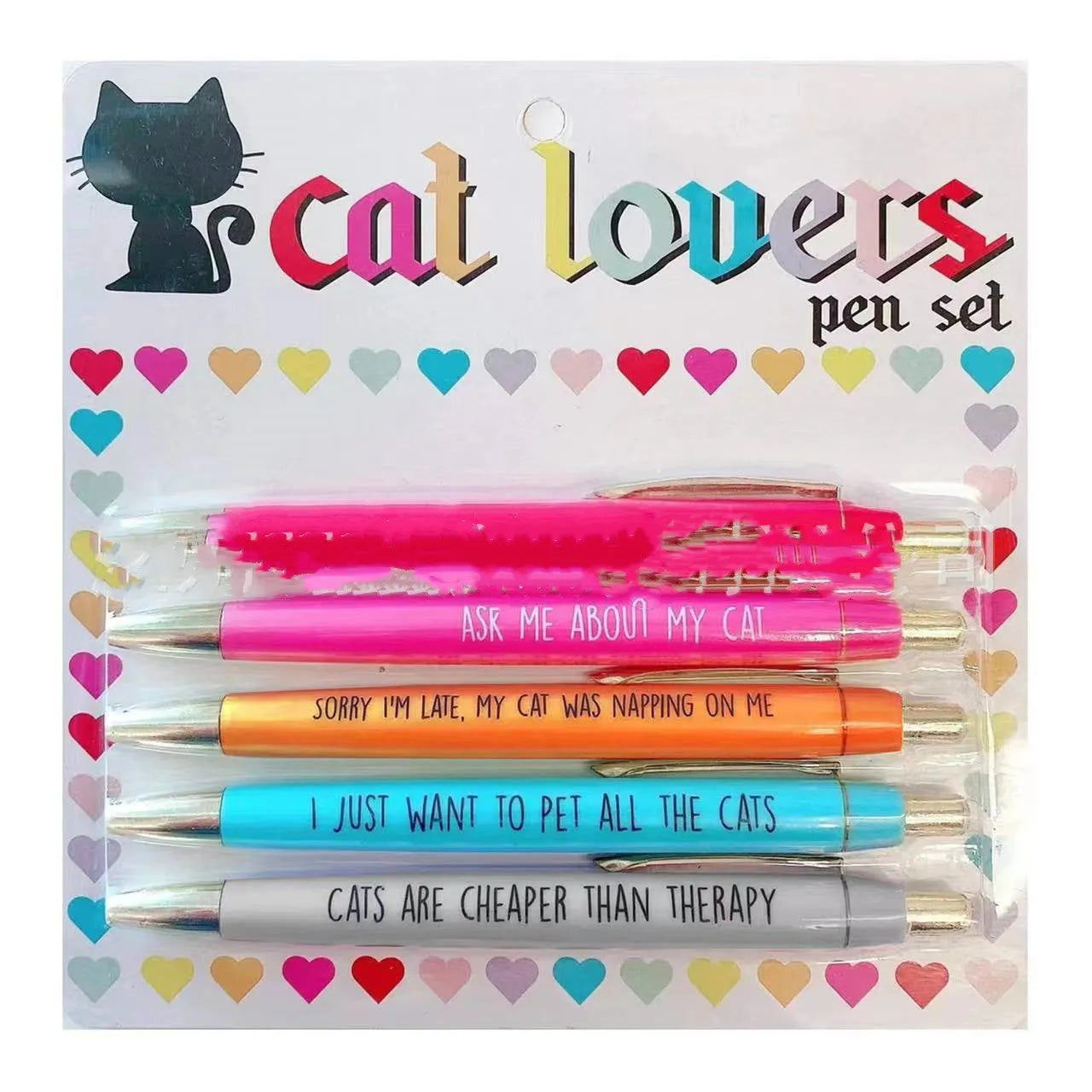 Set of five automatic pens with animal designs and a beaded carry bag for children's art projects
