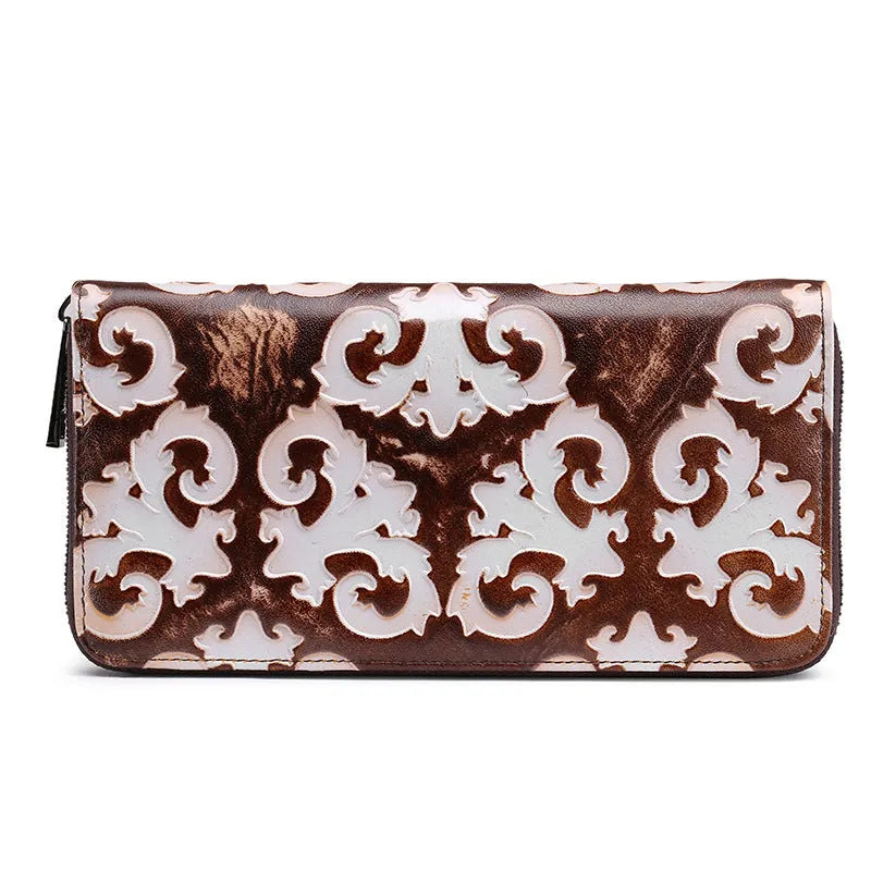Brushed women's retro wallet in brown white top layer cowhide leather with floral embossed pattern and horizontal square shape