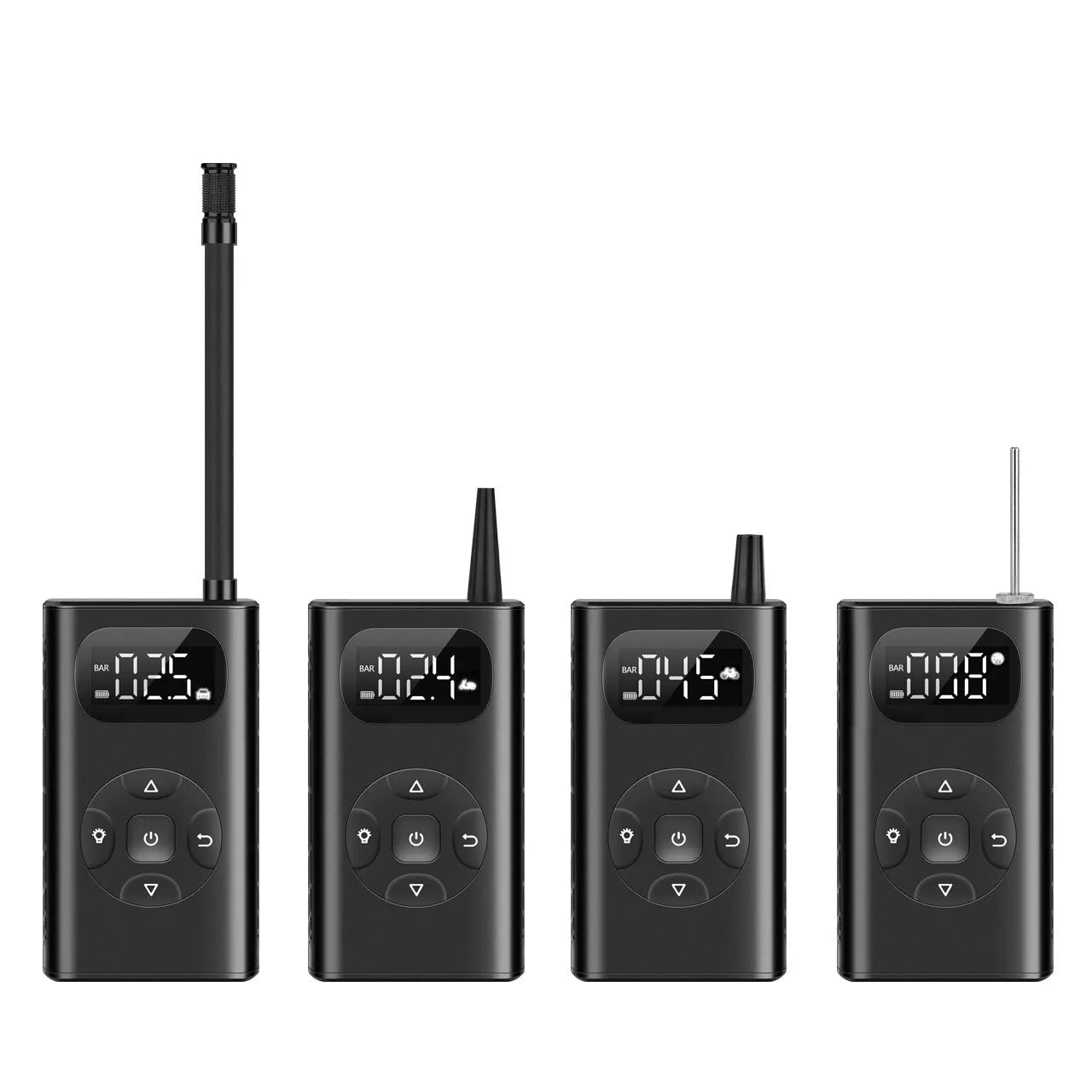Black aviation aluminium portable power bank tyre inflator with digital display and hose for cars and bikes.