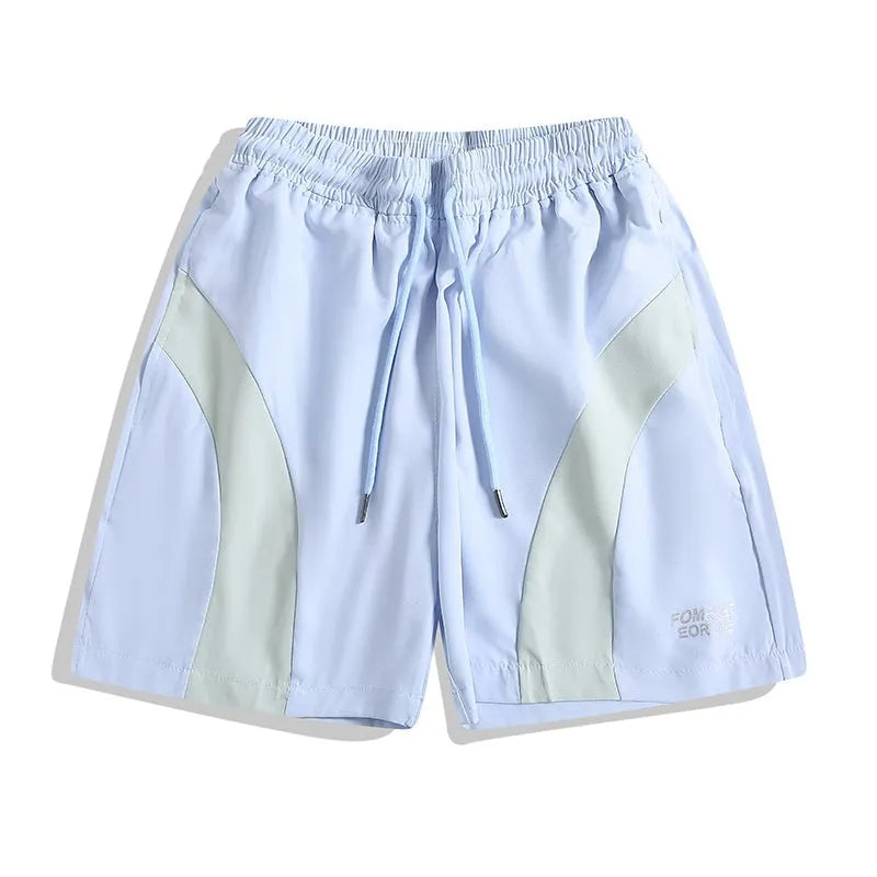 Black and grey quick-drying sports shorts with elastic waistband and loose straight-leg design