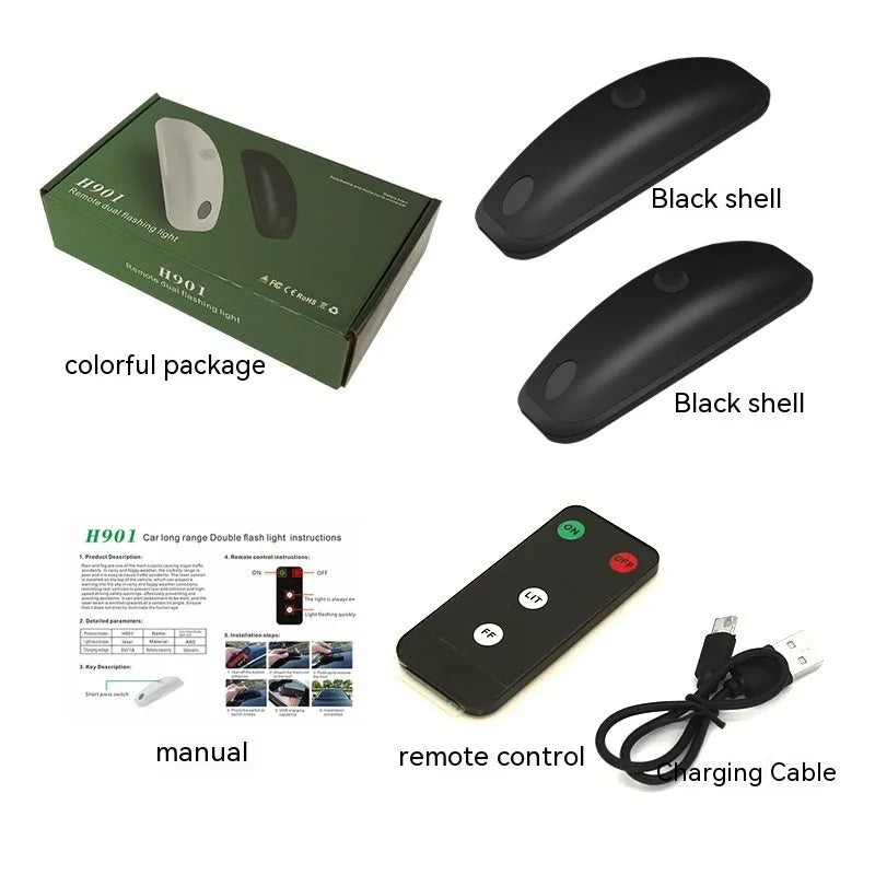 Remote control car anti-collision strobe light with USB cable in black or white ABS housing.