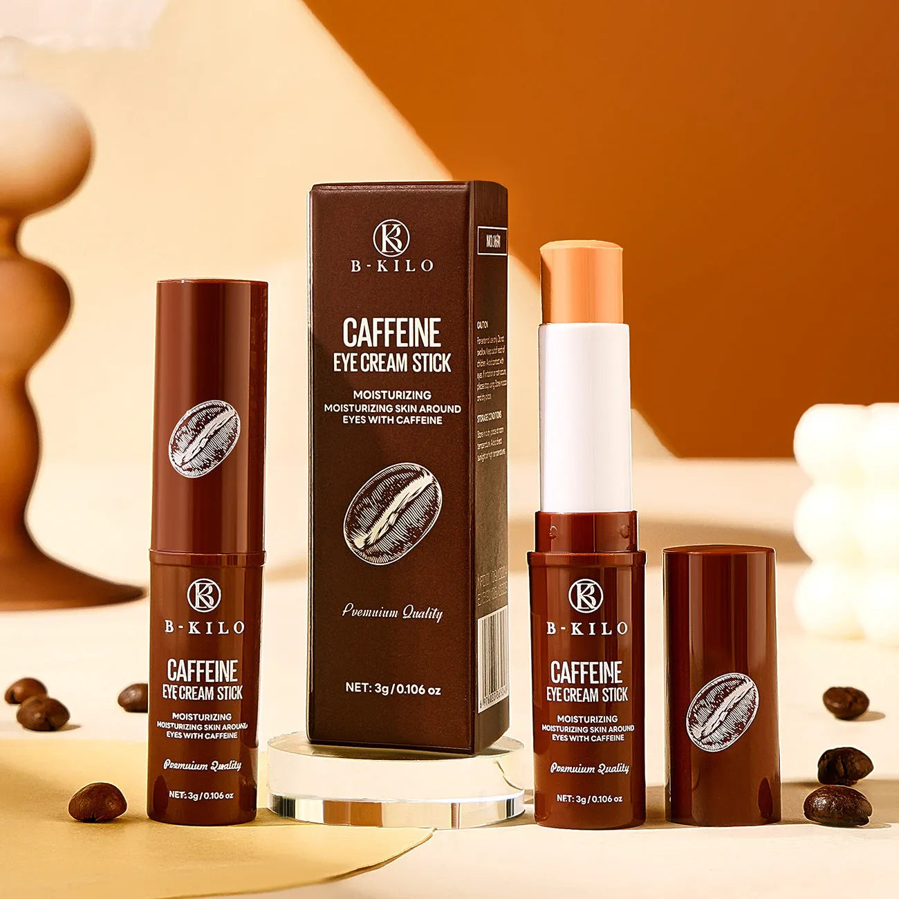 Caffeine eye cream stick in twist-up applicator for under-eye hydration