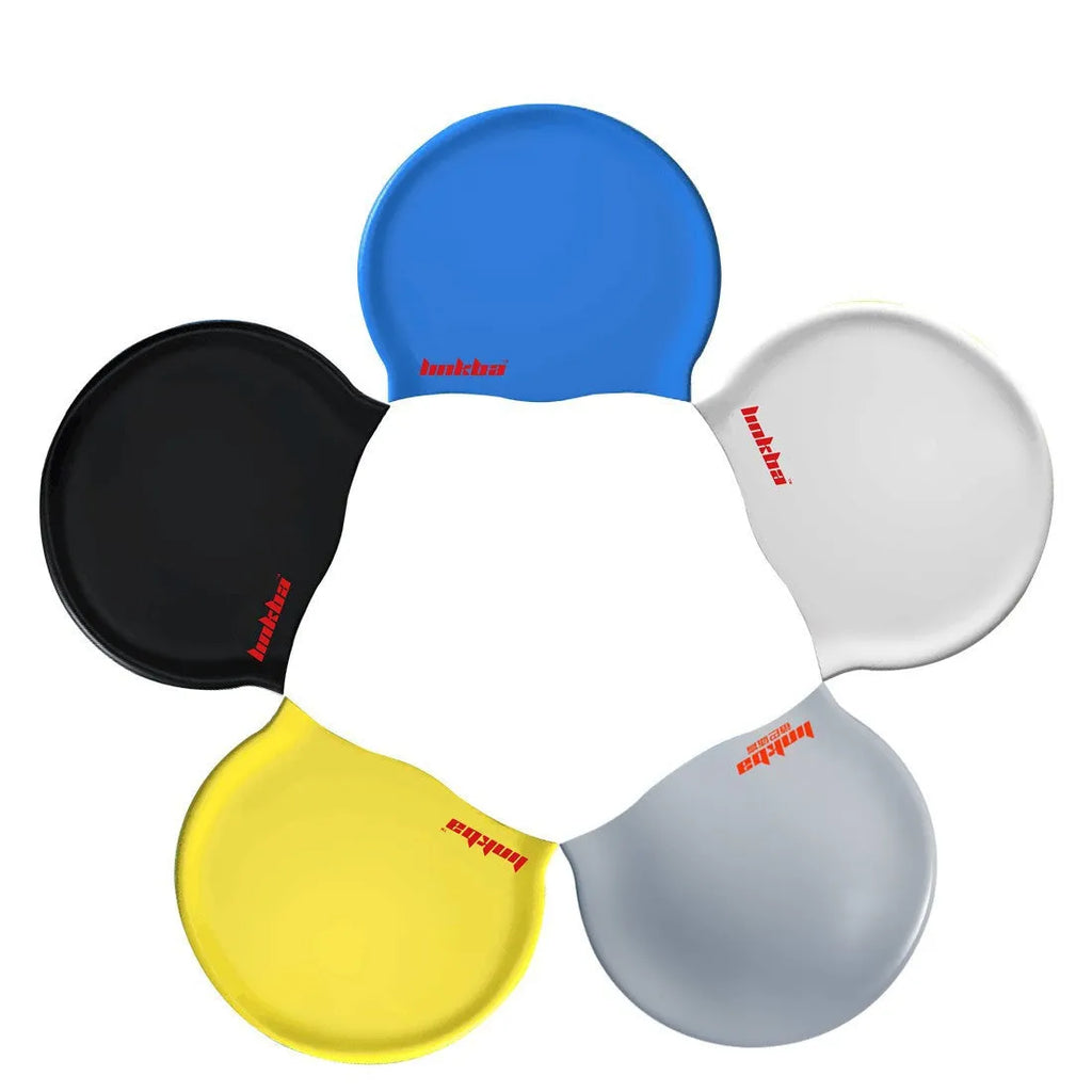 Silicone swimming cap with waterproof earmuffs in multiple colours featuring letters pattern design