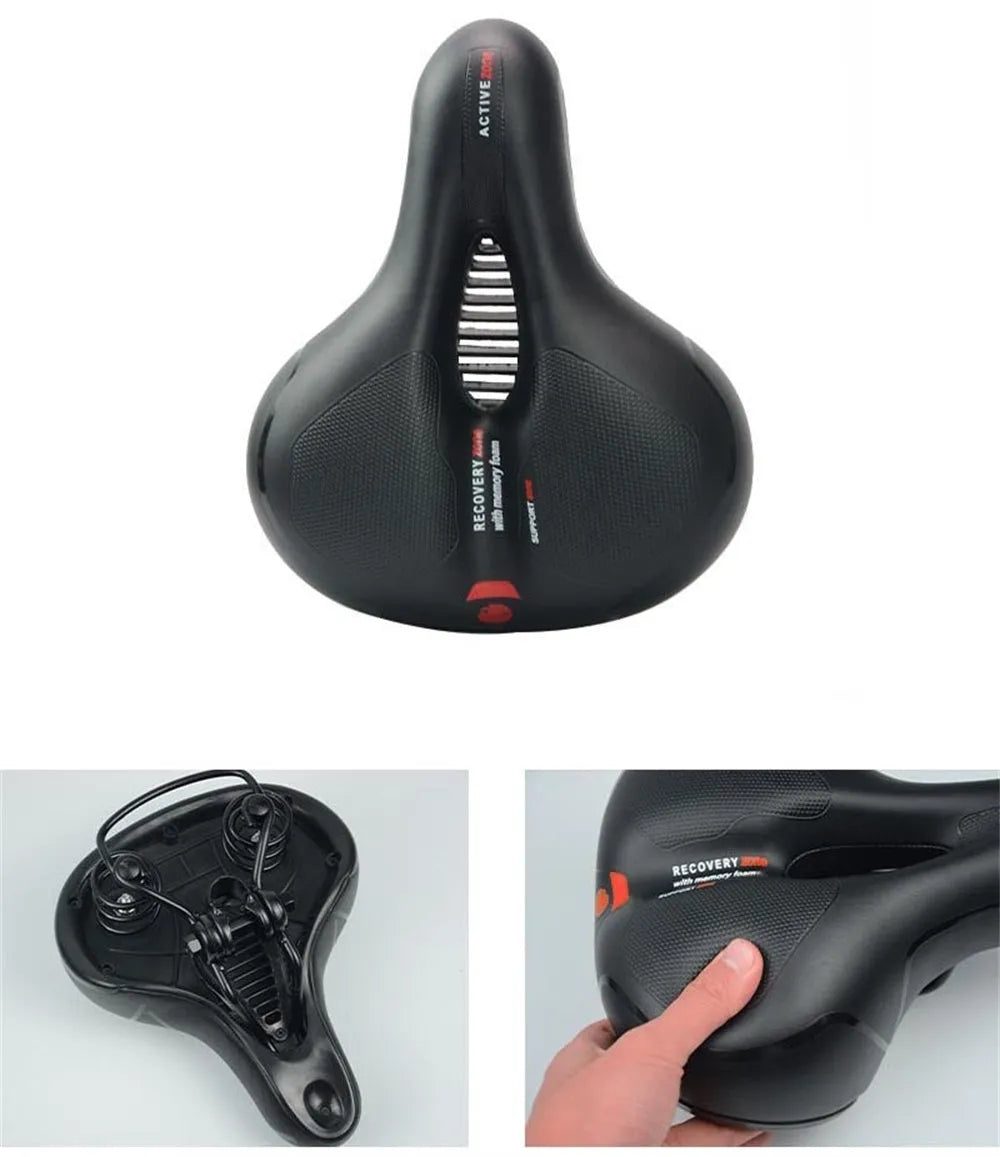 Bicycle saddle cushion with PU leather cover, shown with waterproof cover, wrench, and tire patch kit.