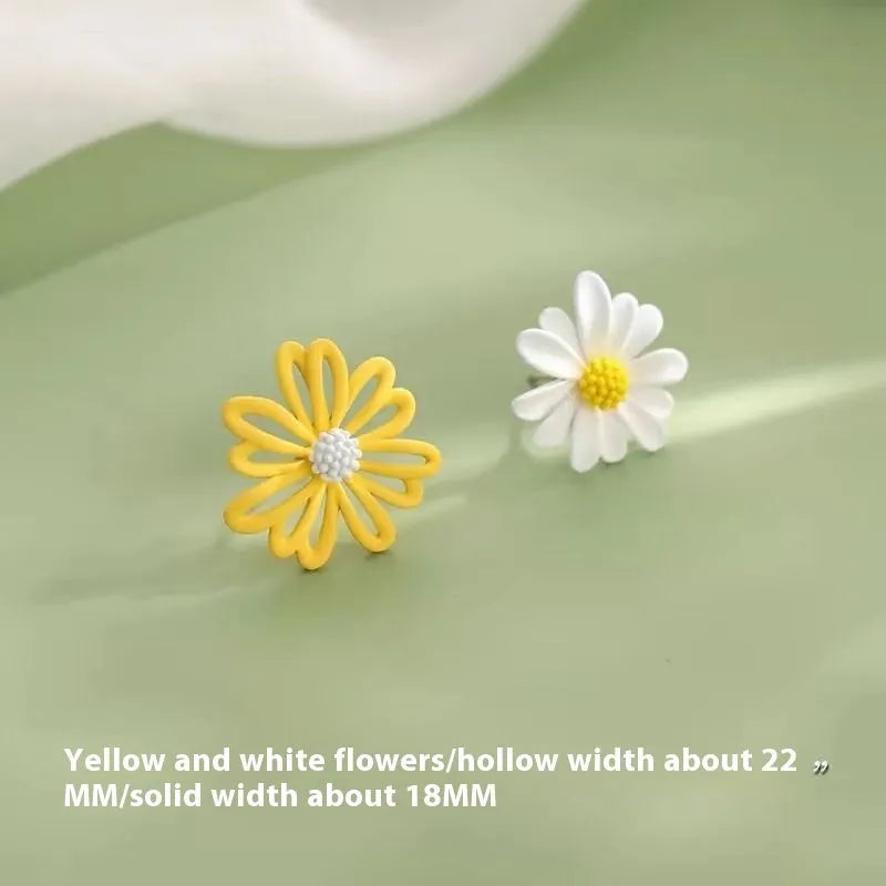 Alloy flower-shaped stud earrings in two-tone blue orange, white green, and yellow white colour combinations.