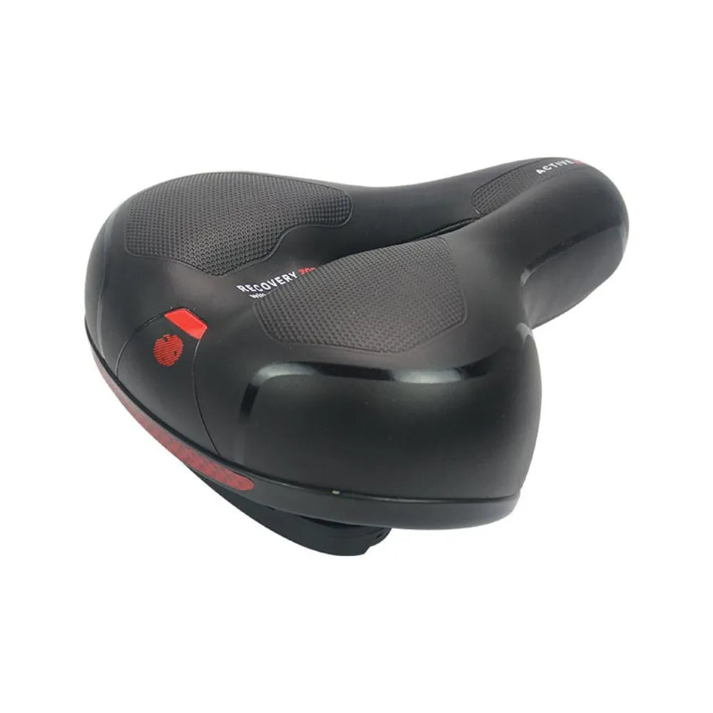 Bicycle saddle cushion with PU leather cover, shown with waterproof cover, wrench, and tire patch kit.