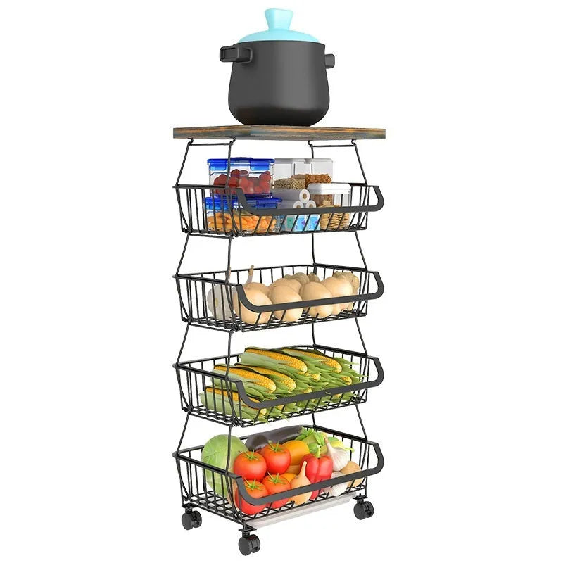 Black freestanding six-layer metal kitchen storage shelf unit on a floor.
