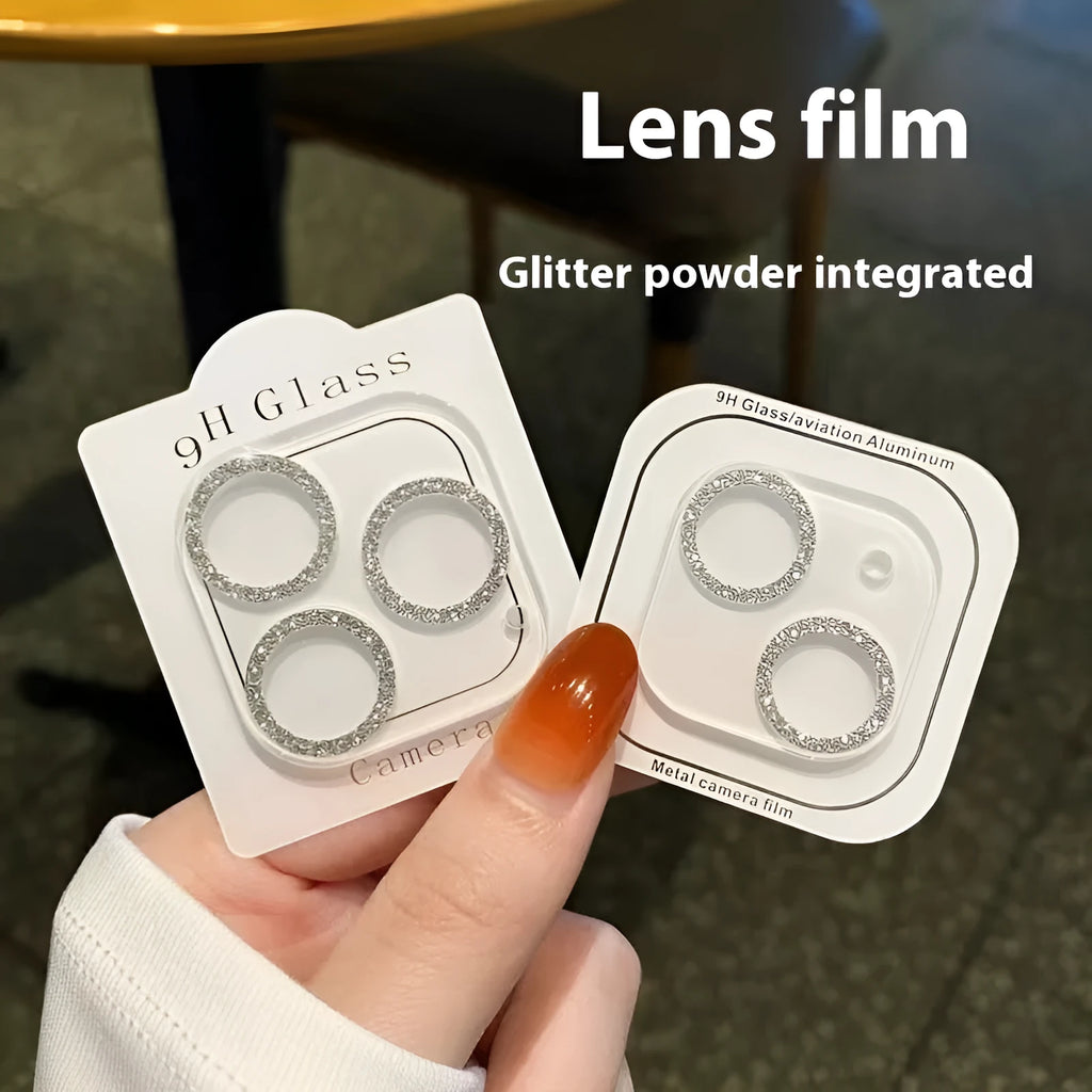 Tempered glass integrated lens protector with rhinestone glitter finish for Apple iPhone camera