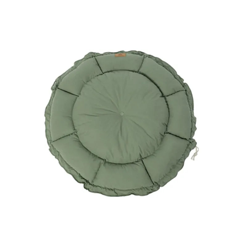 Grey and green reversible donut-shaped pet bed for cats and dogs, shown in small, medium, and large sizes.