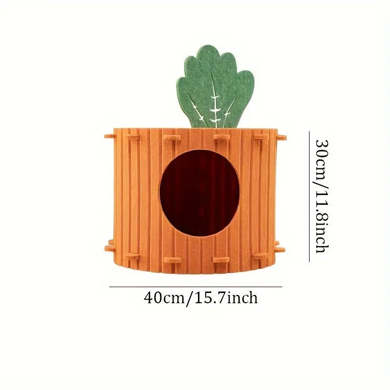 Handmade felt cat nest tunnel with semi-enclosed design and drilled openings, shown in M and L sizes