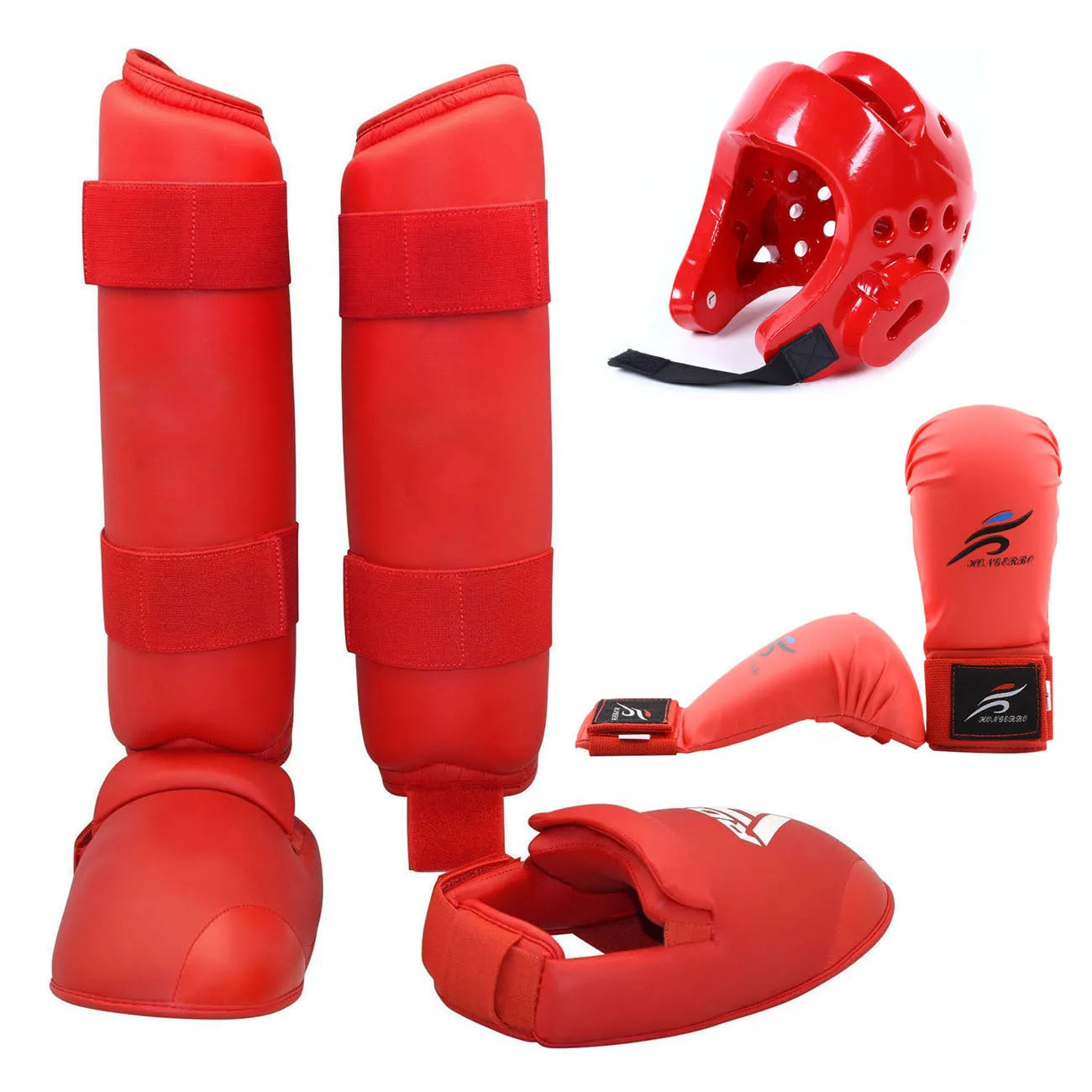 Karate Taekwondo protective gear set showing leg guard, helmet, and boxing gloves in red colour