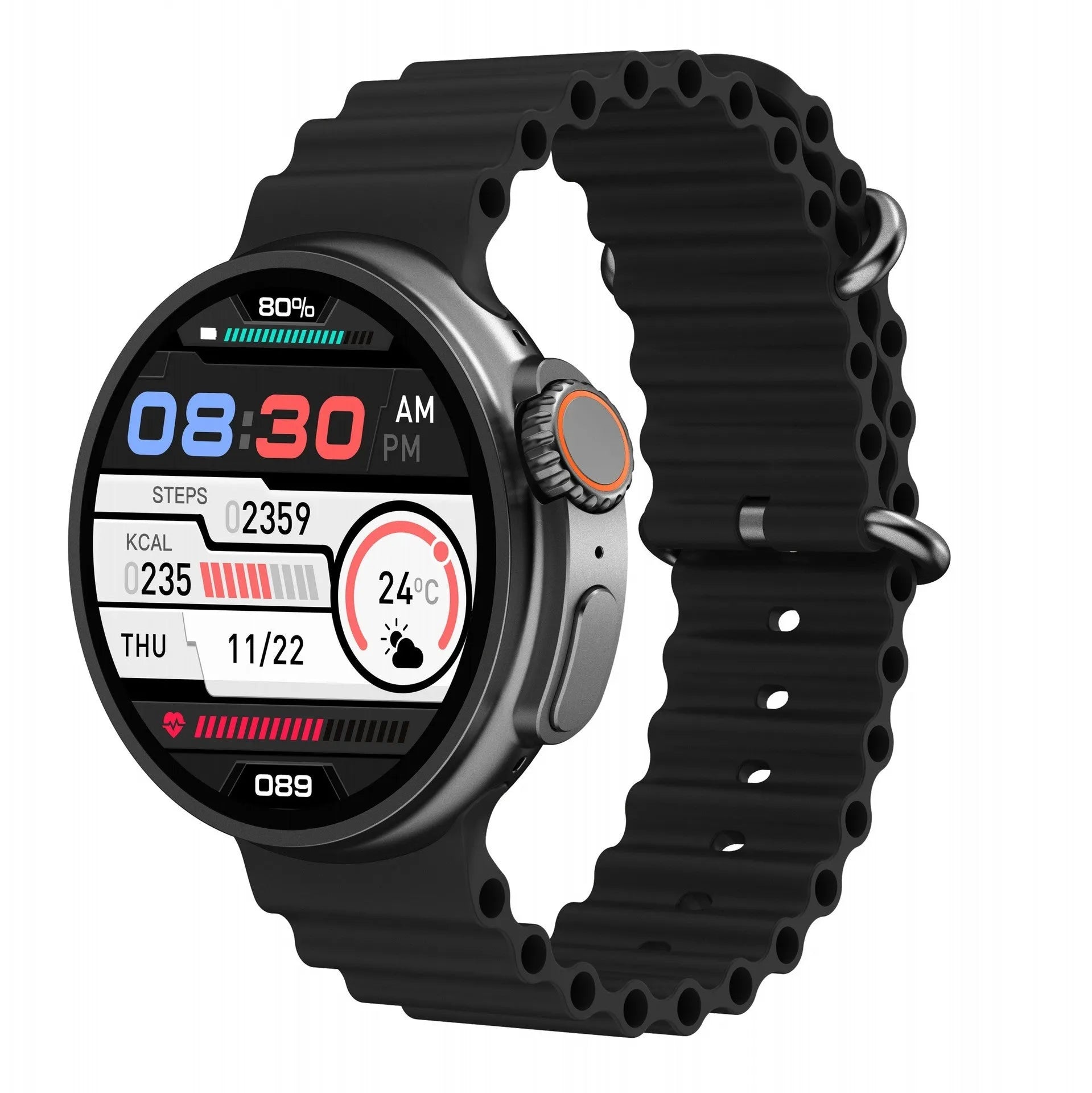 K9 smart watch with round screen on silicone strap, showing NFC and health tracking interface