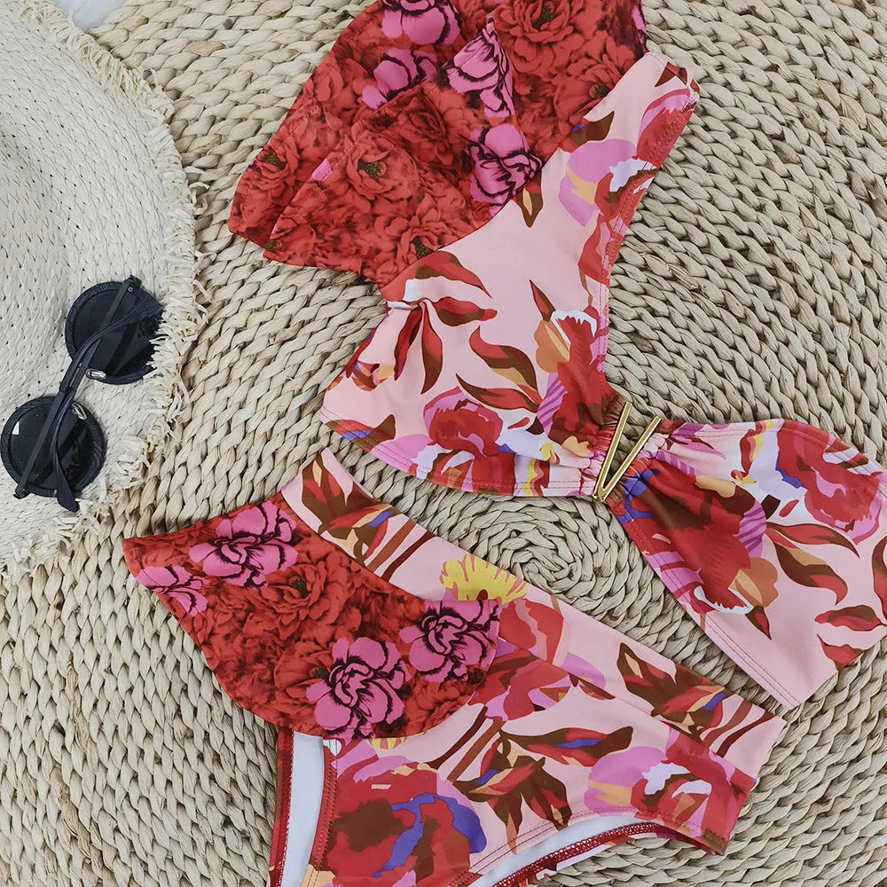 Women's one-shoulder ruffled printed bikini with high waist briefs in pink with red flower pattern