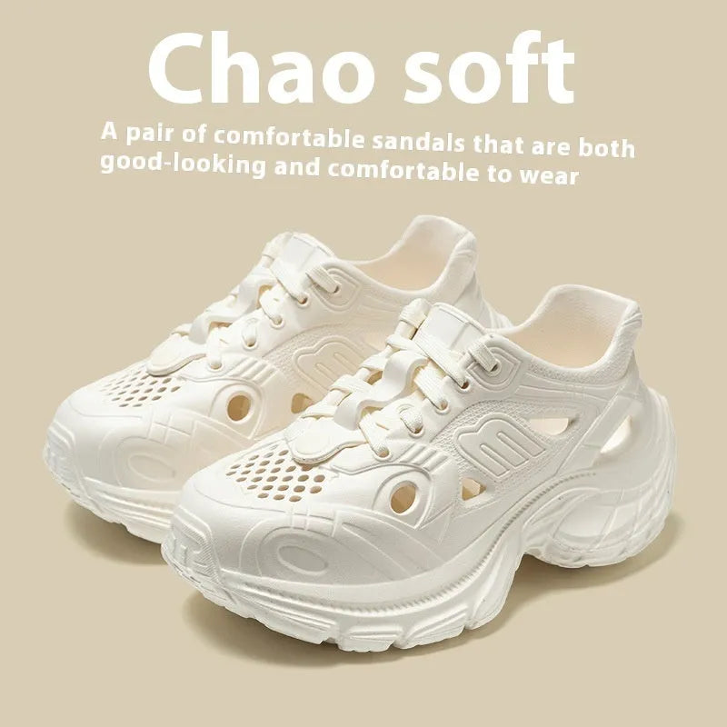 Women's breathable EVA hollow-out casual sandals in white and khaki with lightweight sole