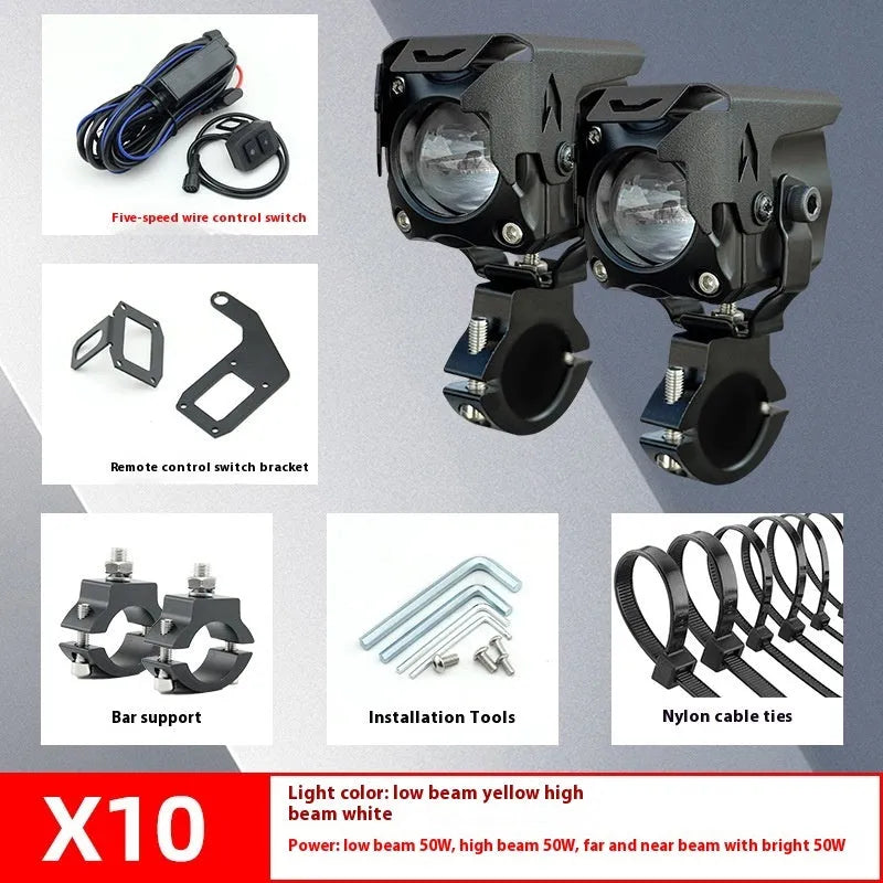 Motorcycle LED spotlight pair with integrated far and near beams and multiple switch options