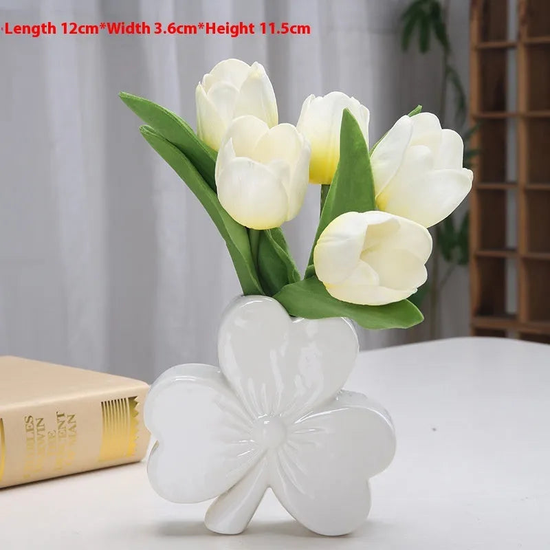 Clover-shaped white porcelain ceramic vase in light green, pink, red, or white colour.