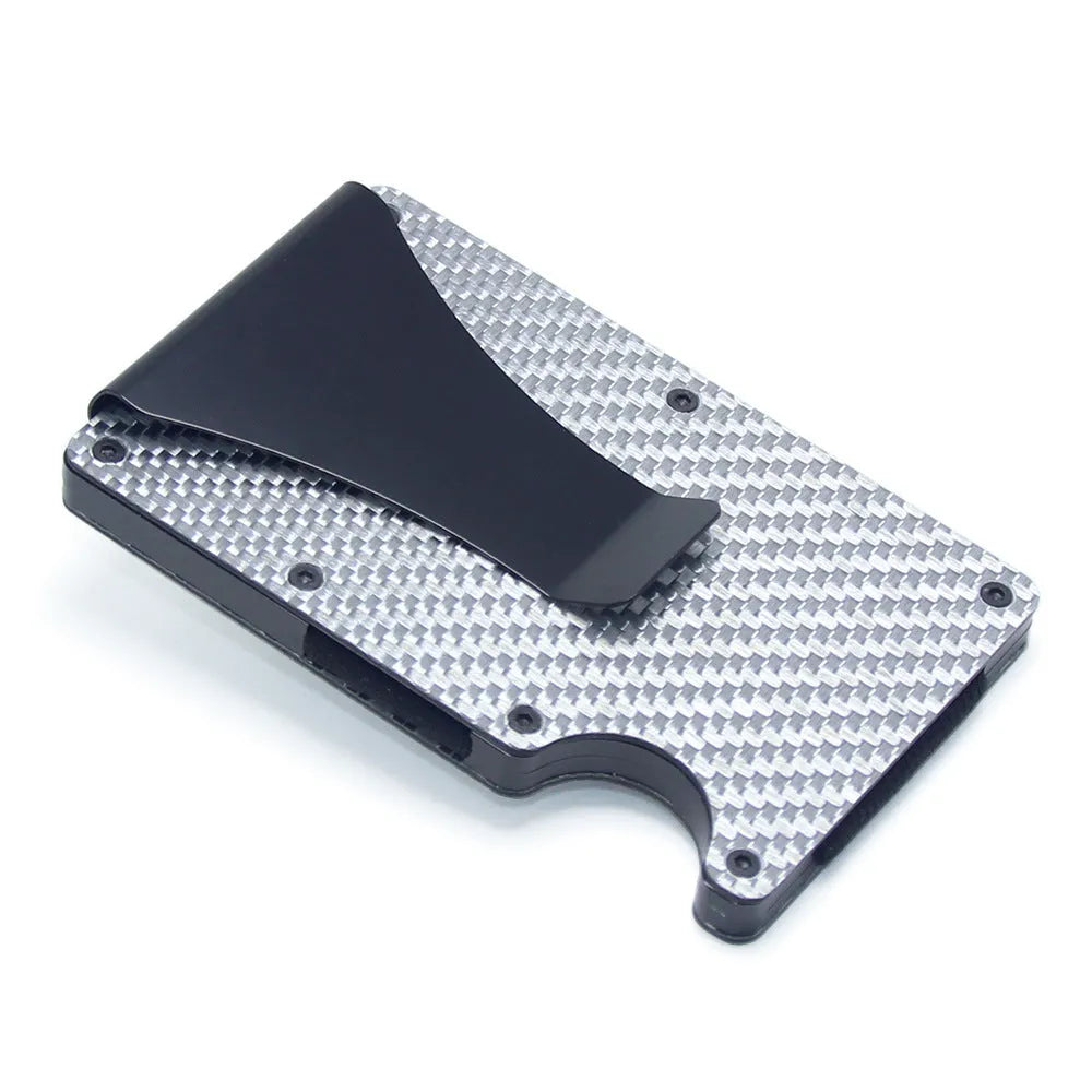 Geometric aluminium carbon fibre card holder with 8mm thickness showing black silver red colour options