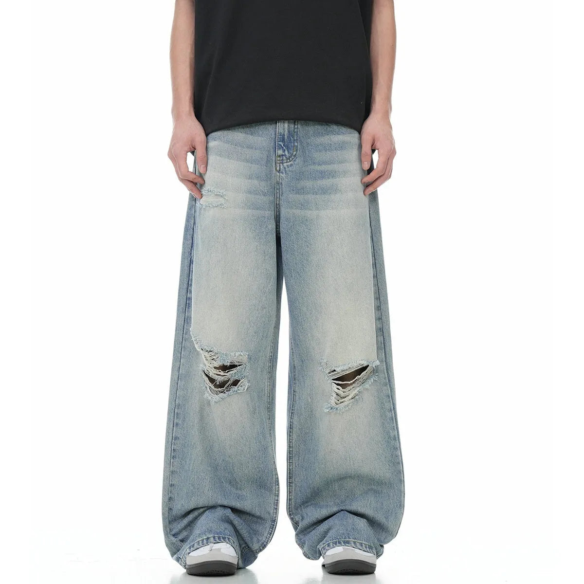 Men's blue straight-leg jeans with retro ripped detailing and an adjustable waistband