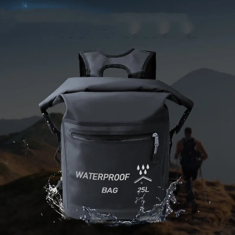 Black 25 litre waterproof outdoor backpack for swimming and rafting