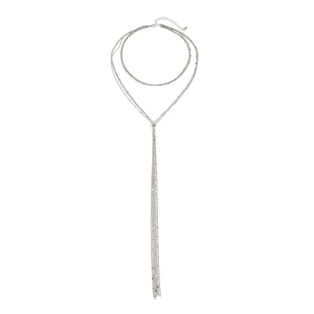 Women's multi-layer Y-shaped tassel neck back chain in gold copper electroplated finish, adjustable 35-57cm circumference