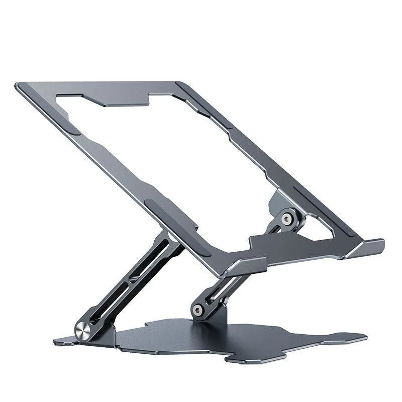 Grey adjustable aluminium laptop stand with hollow design, shown holding a silver laptop.