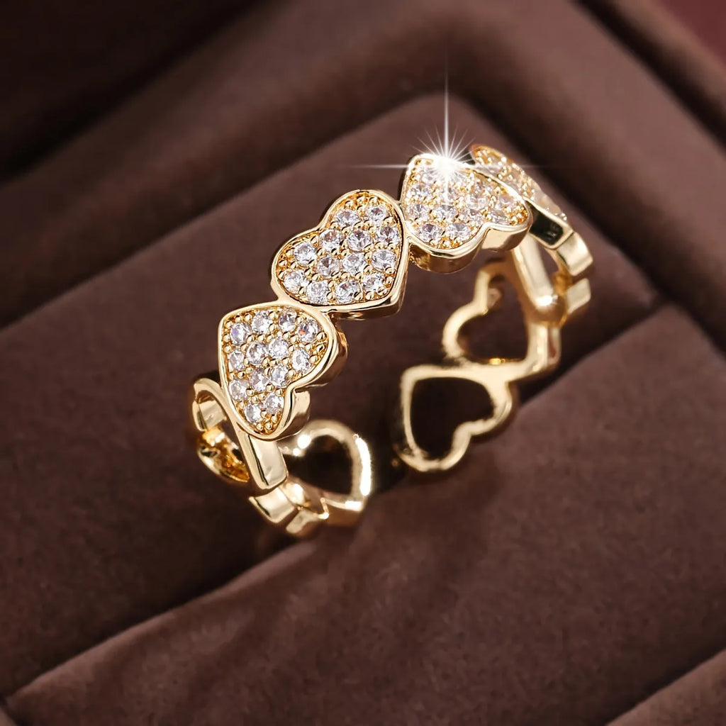 Adjustable opening couples ring with geometric heart design in gold colour