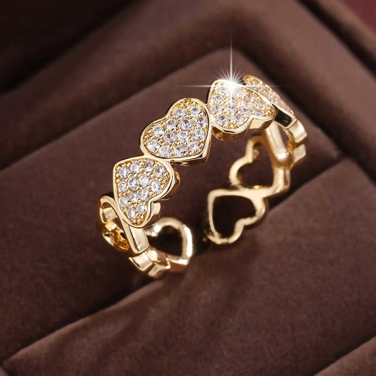 Adjustable opening couples ring with geometric heart design in gold colour