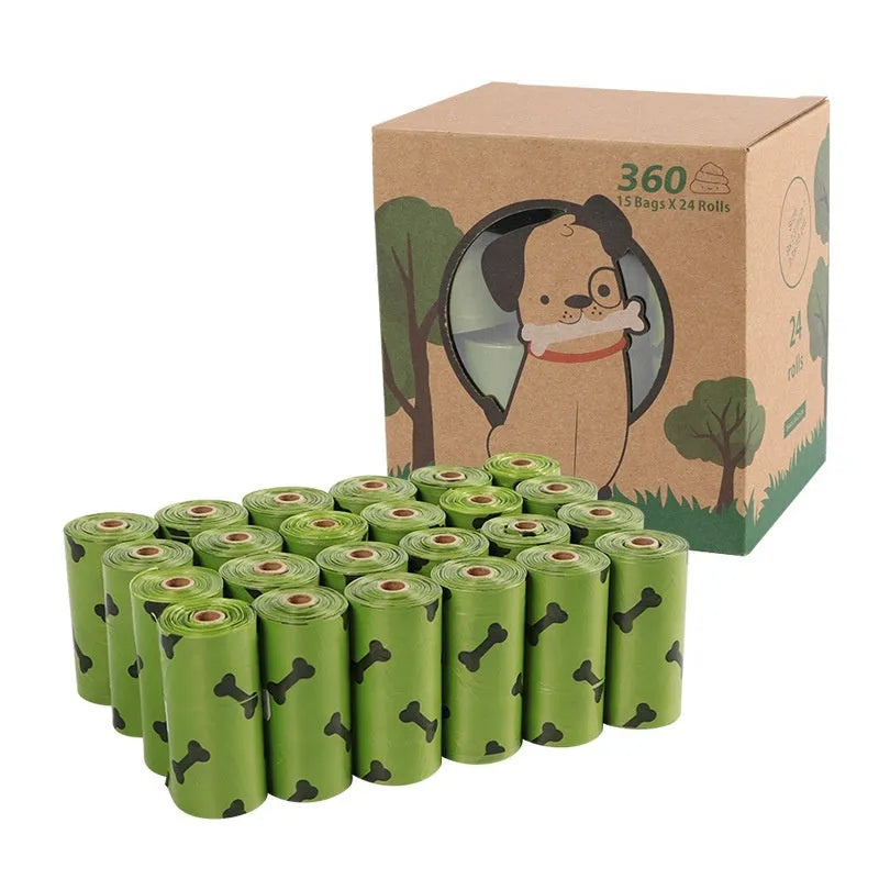 Military green degradable dog poop bags with black bone print, 23cm by 33cm size